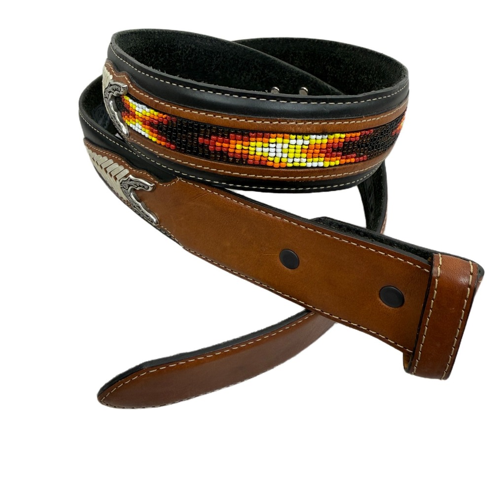 Justin Boots Leather Western Belt Mens 38 Beaded Whipstitch Cowboy 1.25" Ranch